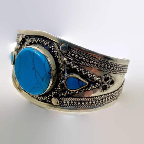 Boho Bracelet, Kuchi Cuff, Afghan, Turquoise, Vintage, Middle Eastern, Silver - Picture 2 of 4
